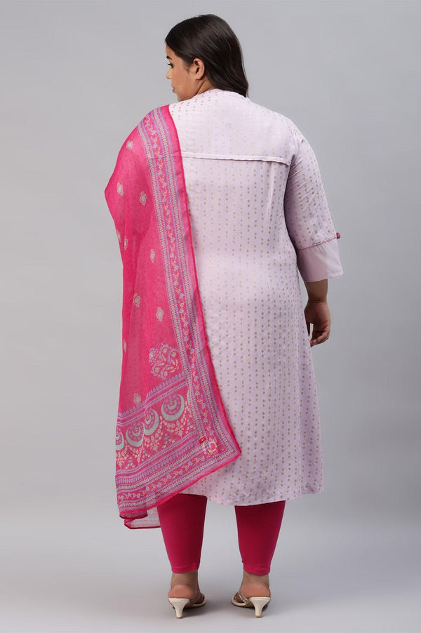 Plus Size Light Purple Embroidered kurta With Pink Tights And Printed Dupatta