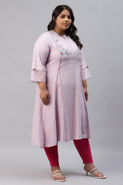 Plus Size Light Purple Embroidered kurta With Pink Tights And Printed Dupatta - wforwoman