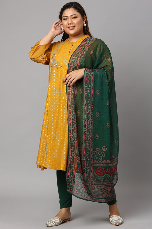 Plus Size Mustard Yellow Embroidered kurta With Green Tights And Printed Dupatta