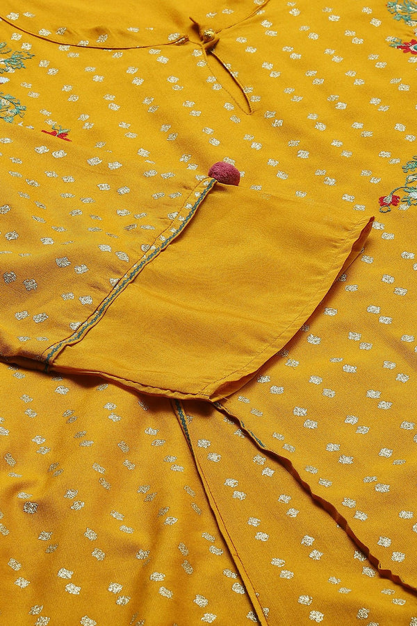 Plus Size Mustard Yellow Embroidered kurta With Green Tights And Printed Dupatta