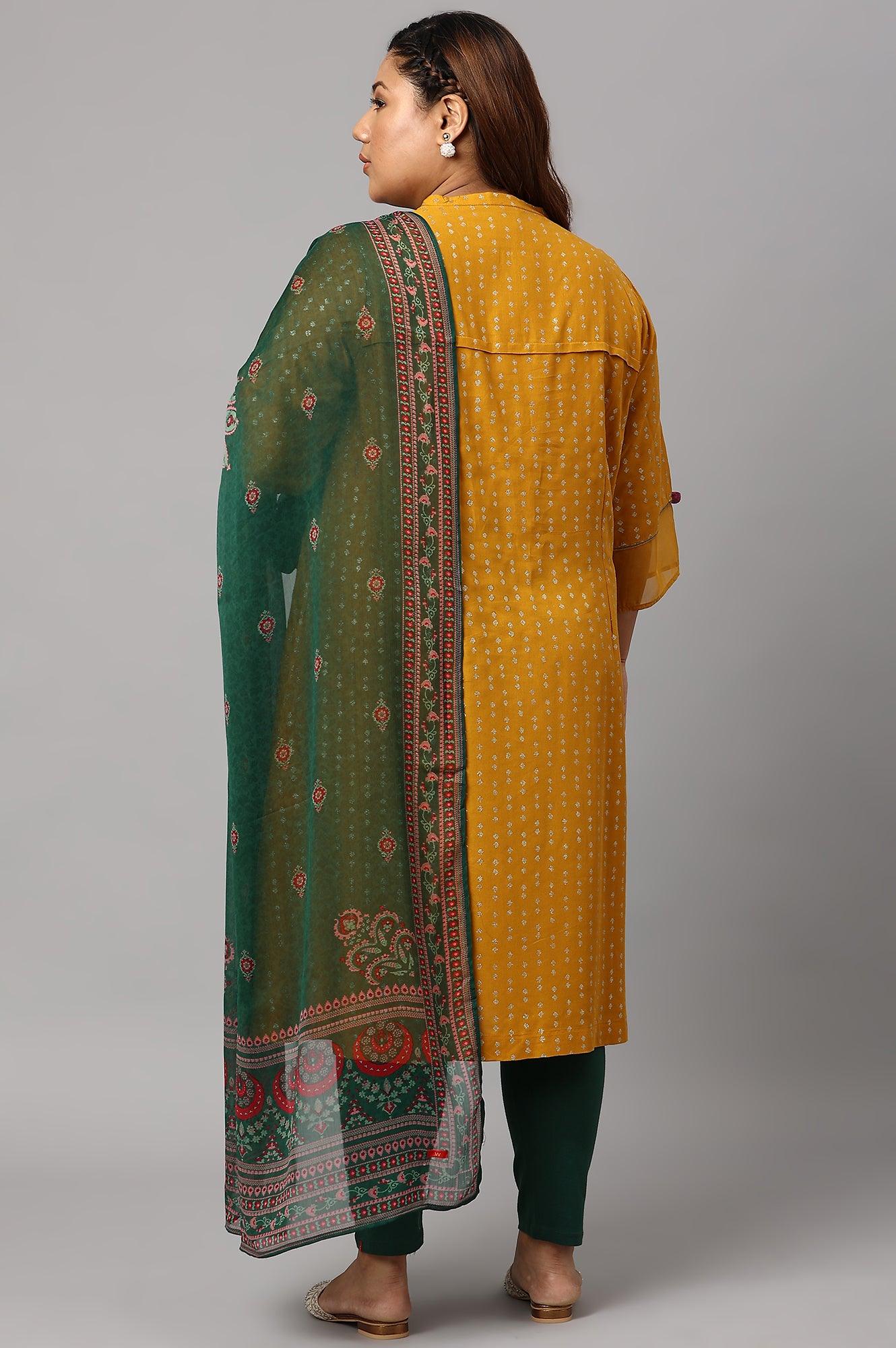 Plus Size Mustard Yellow Embroidered kurta With Green Tights And Printed Dupatta - wforwoman