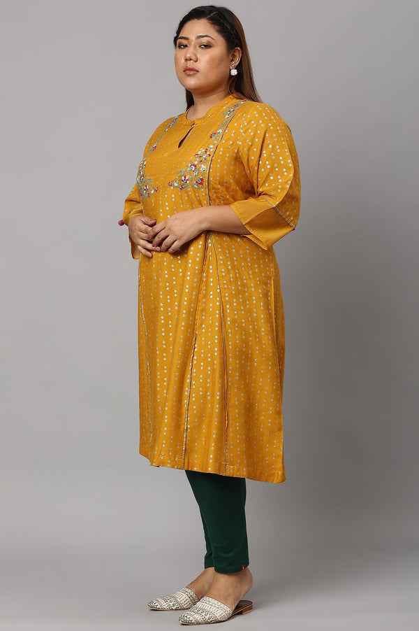 Plus Size Mustard Yellow Embroidered kurta With Green Tights And Printed Dupatta