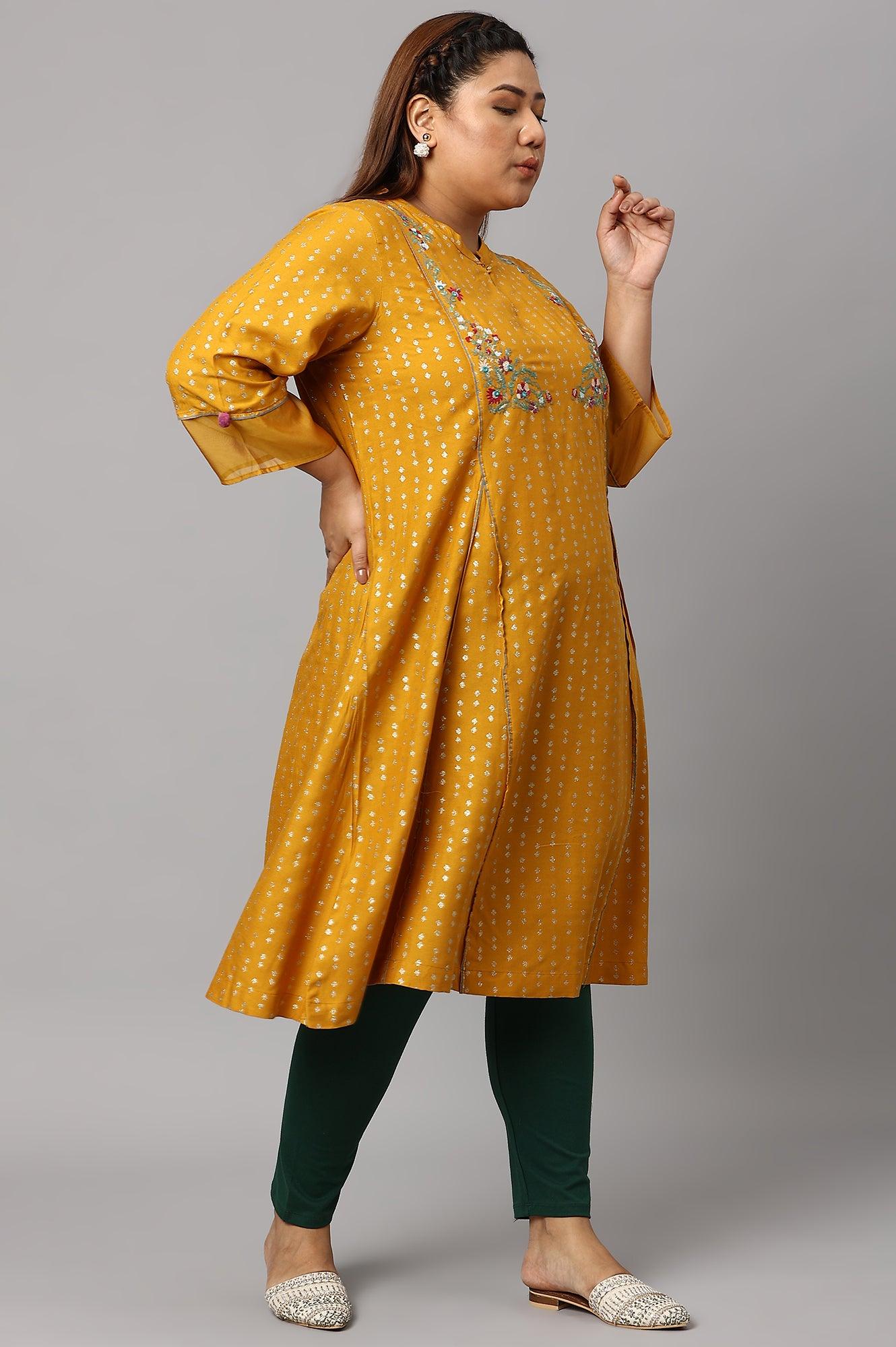Plus Size Mustard Yellow Embroidered kurta With Green Tights And Printed Dupatta - wforwoman