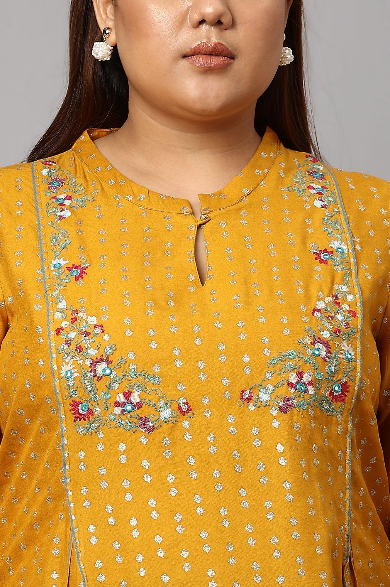Plus Size Mustard Yellow Embroidered kurta With Green Tights And Printed Dupatta - wforwoman
