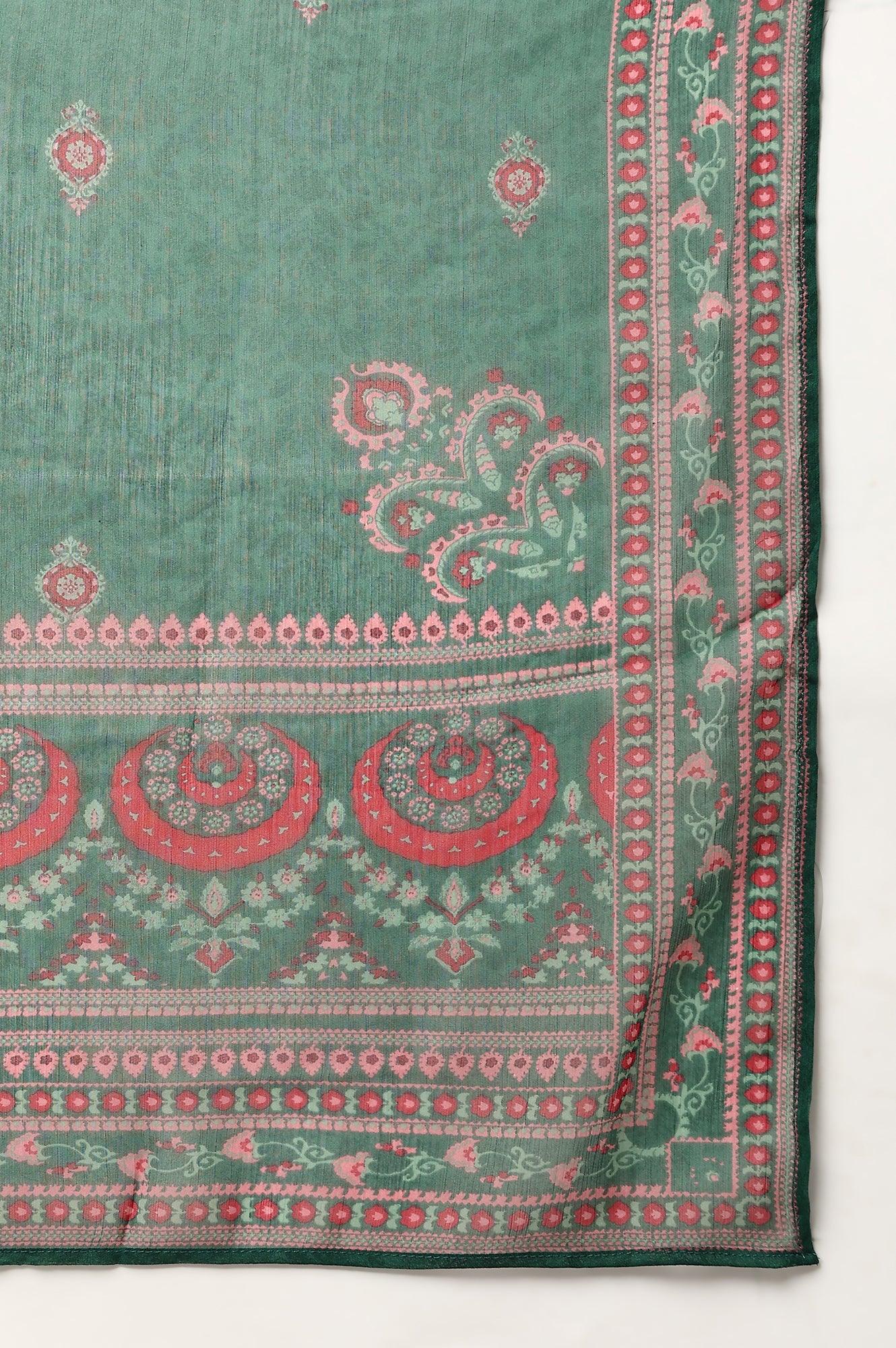 Plus Size Mustard Yellow Embroidered kurta With Green Tights And Printed Dupatta - wforwoman