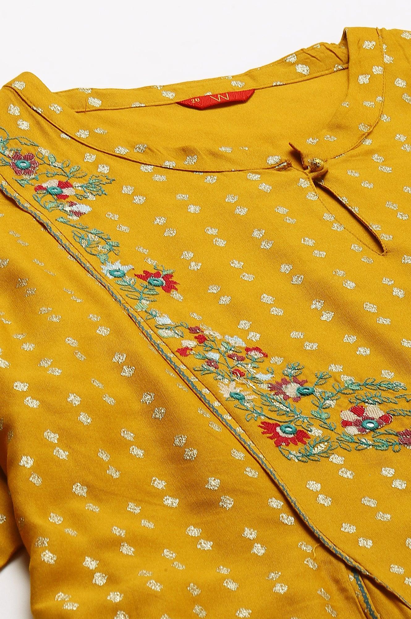 Plus Size Mustard Yellow Embroidered kurta With Green Tights And Printed Dupatta - wforwoman