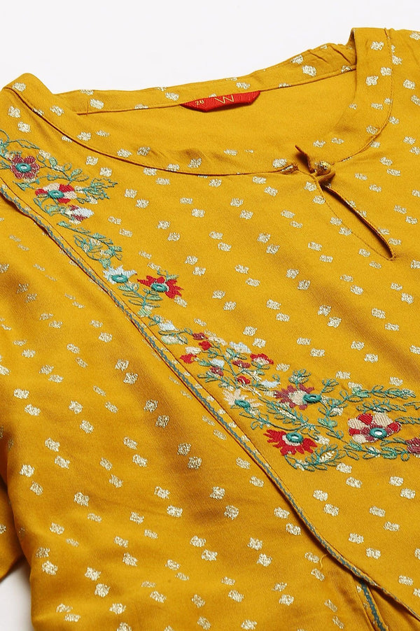 Plus Size Mustard Yellow Embroidered kurta With Green Tights And Printed Dupatta