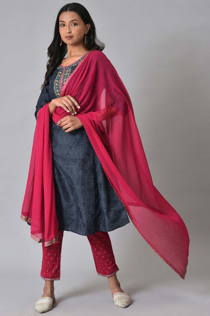 Royal Blue Printed kurta With Pink Printed Slim Pants And Dupatta - wforwoman