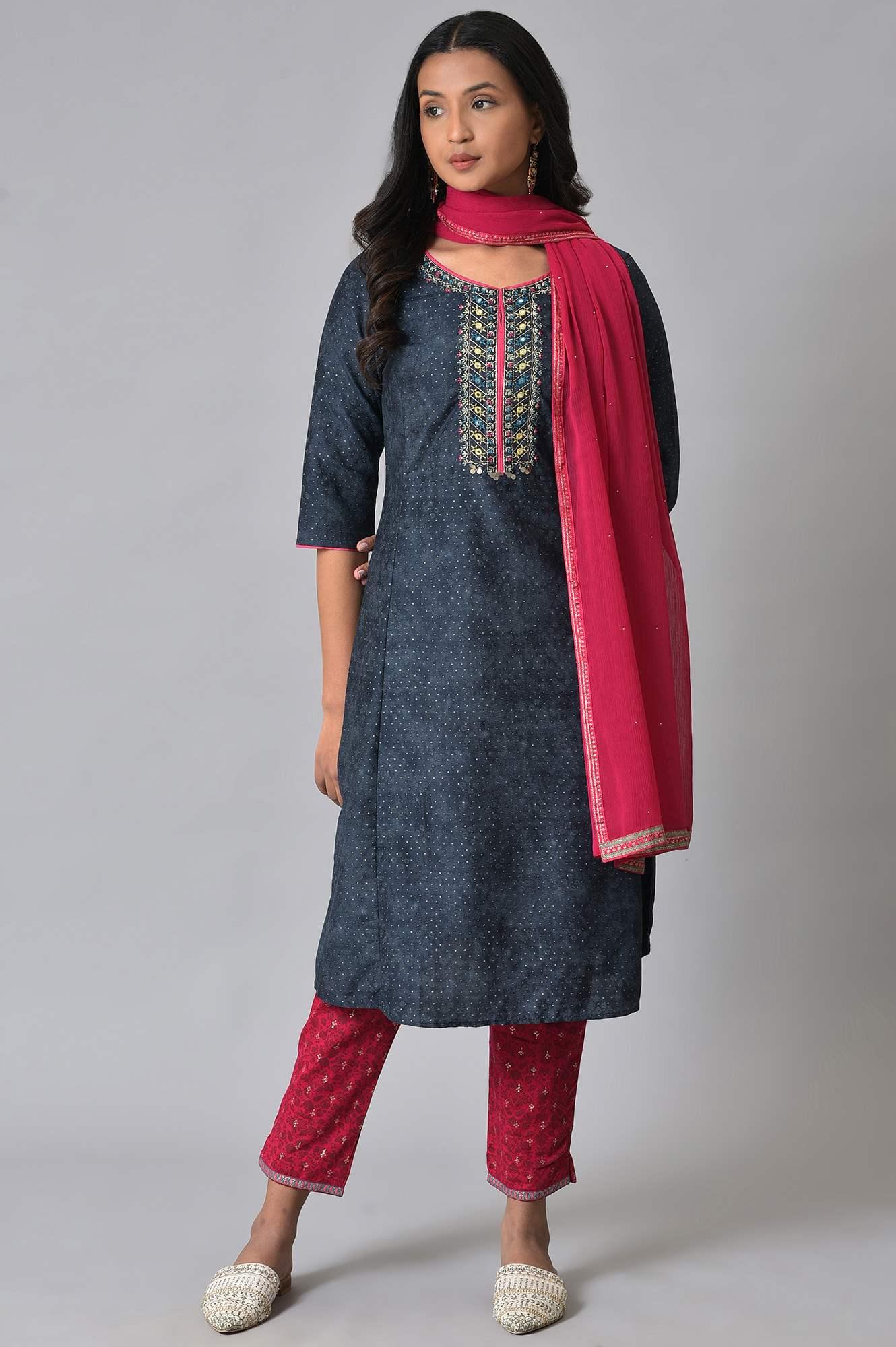 Royal Blue Printed kurta With Pink Printed Slim Pants And Dupatta - wforwoman