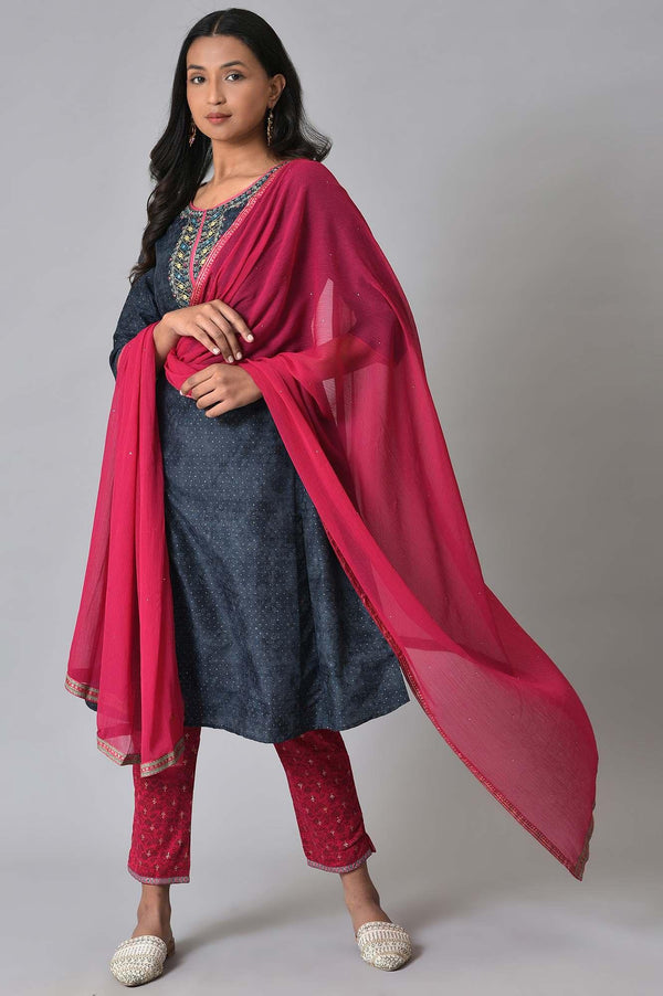 Royal Blue Printed kurta With Pink Printed Slim Pants And Dupatta