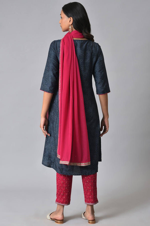 Royal Blue Printed kurta With Pink Printed Slim Pants And Dupatta