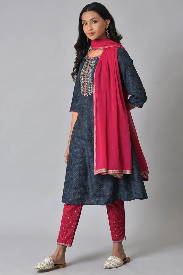 Royal Blue Printed kurta With Pink Printed Slim Pants And Dupatta
