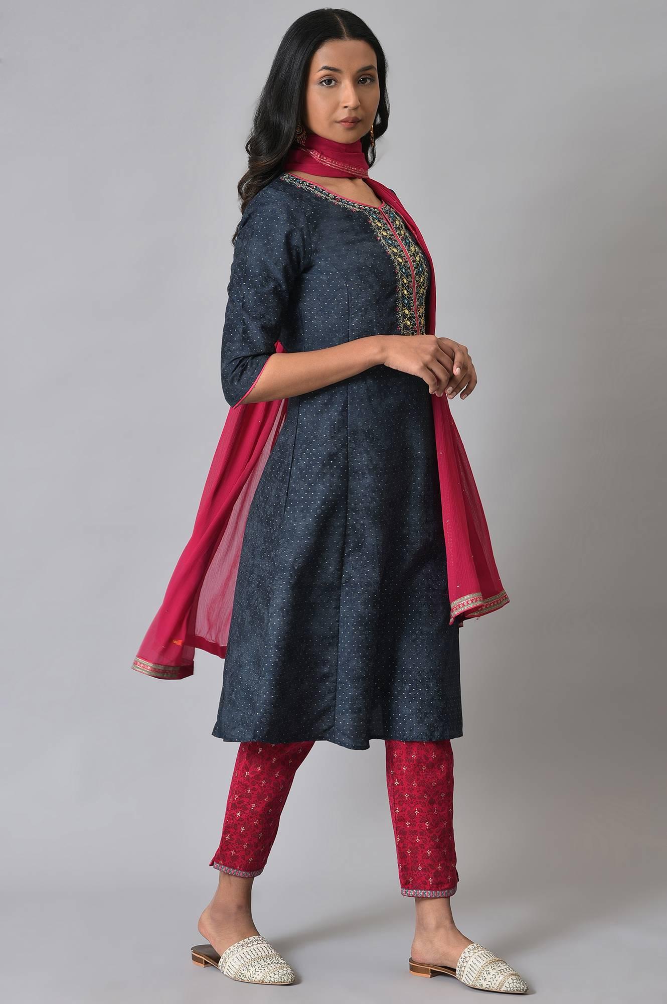 Royal Blue Printed kurta With Pink Printed Slim Pants And Dupatta - wforwoman