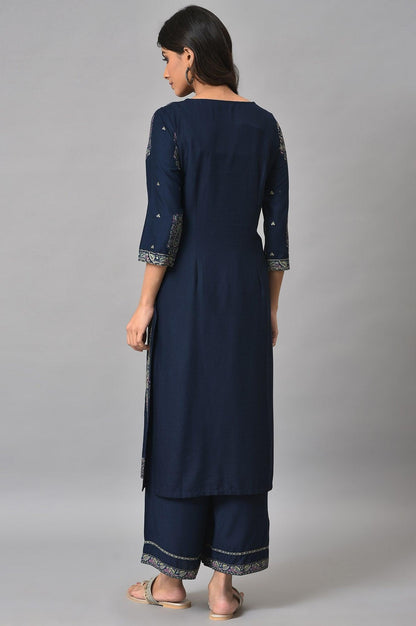 Dark Blue Paisley Printed kurta With Parallel Pants - wforwoman