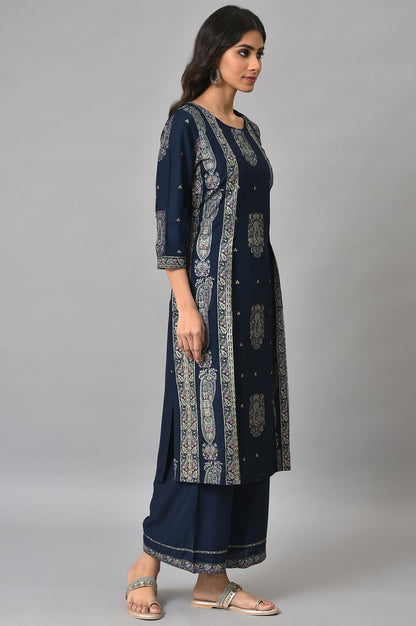 Dark Blue Paisley Printed kurta With Parallel Pants - wforwoman