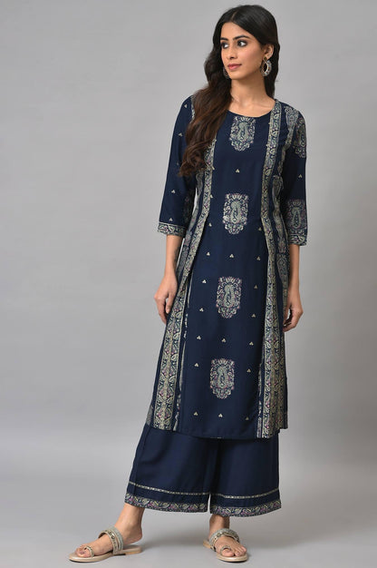 Dark Blue Paisley Printed kurta With Parallel Pants - wforwoman