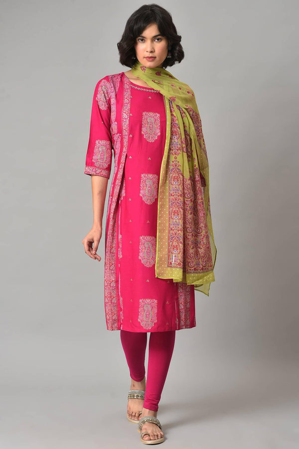 Pink Gold Glitter Printed kurta With Tights And Green Printed Dupatta