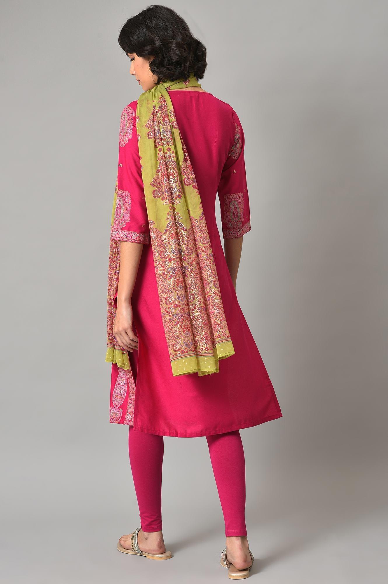 Pink Gold Glitter Printed kurta With Tights And Green Printed Dupatta - wforwoman
