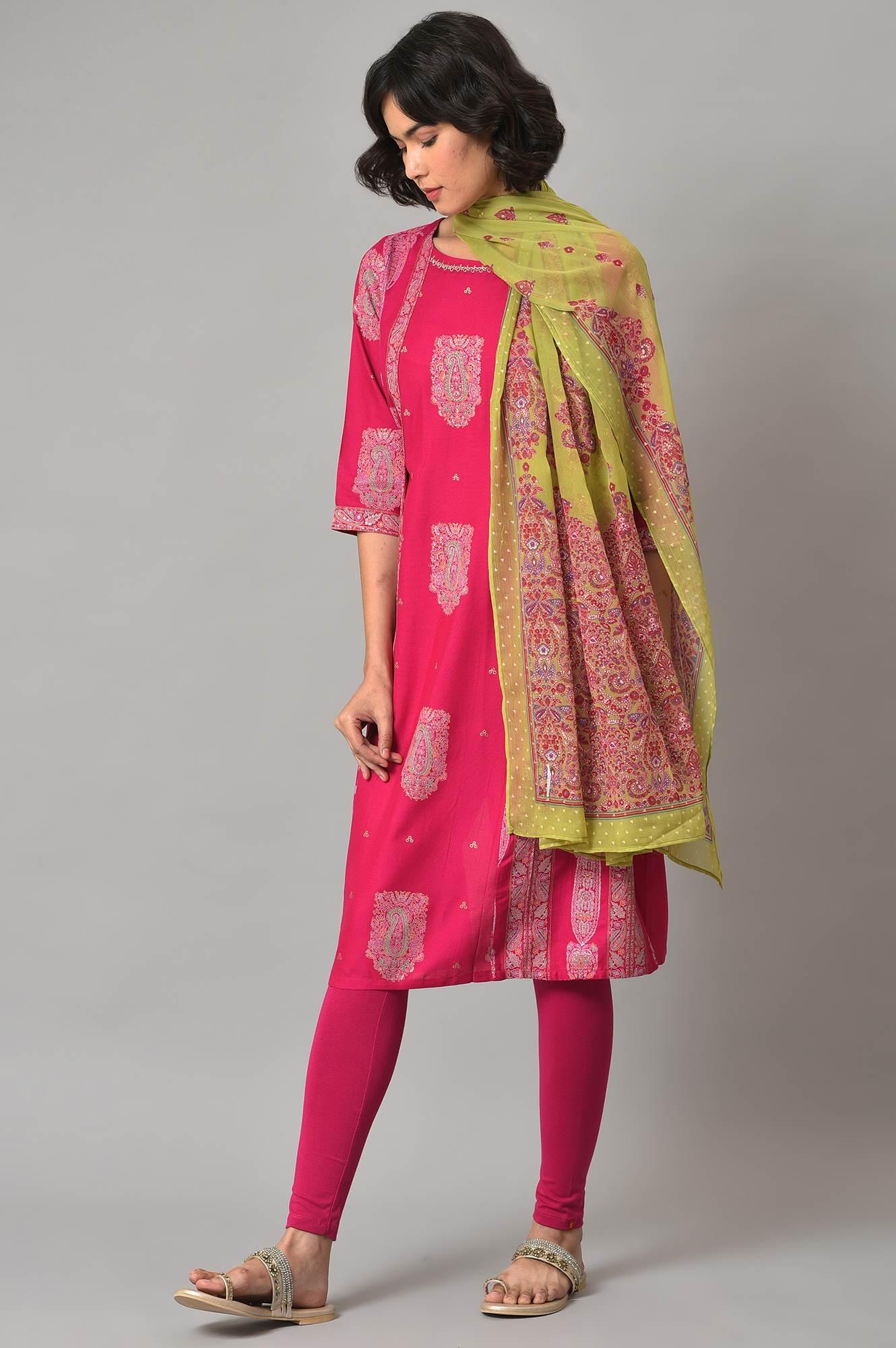 Pink Gold Glitter Printed kurta With Tights And Green Printed Dupatta - wforwoman