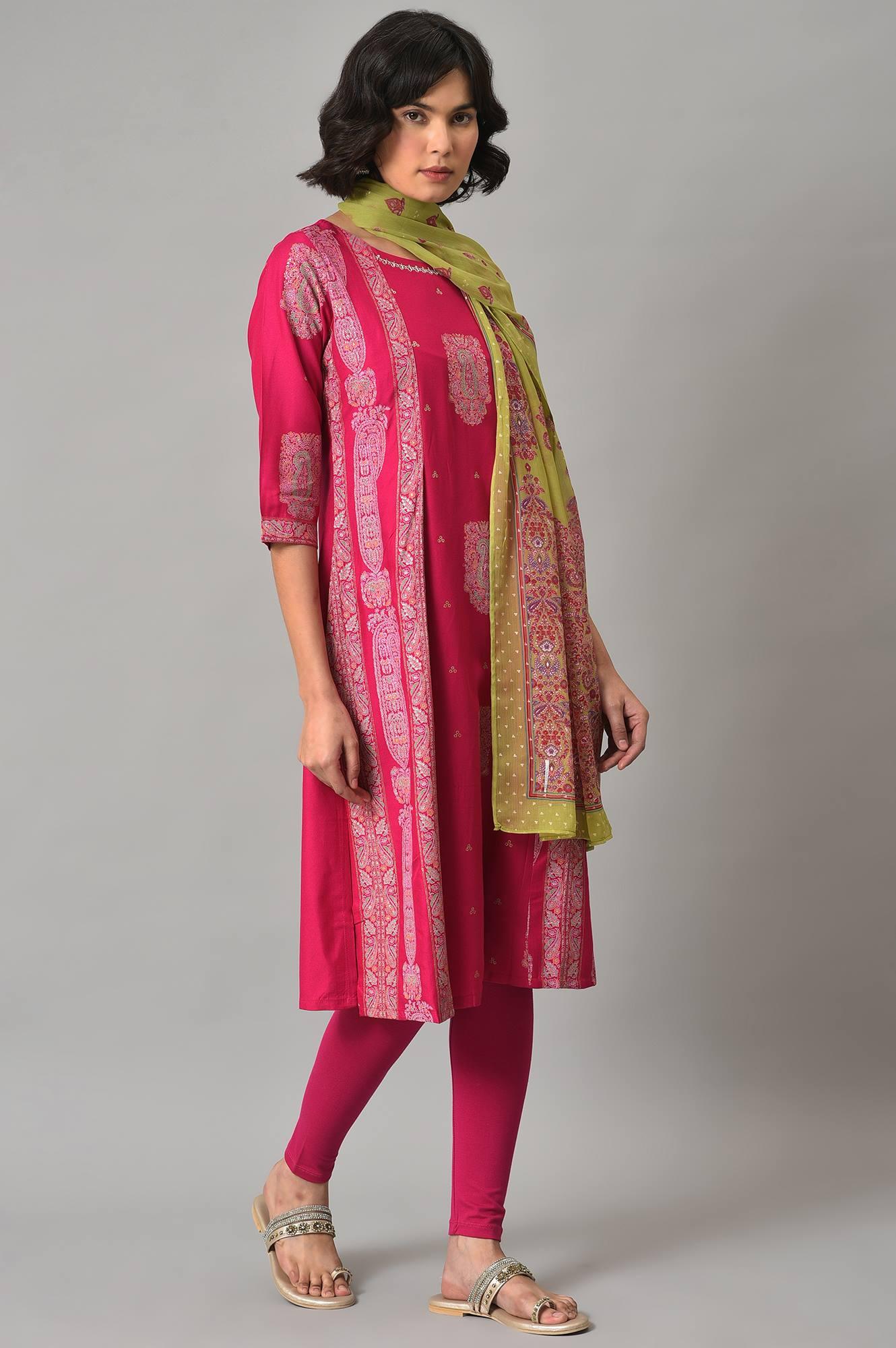 Pink Gold Glitter Printed kurta With Tights And Green Printed Dupatta - wforwoman
