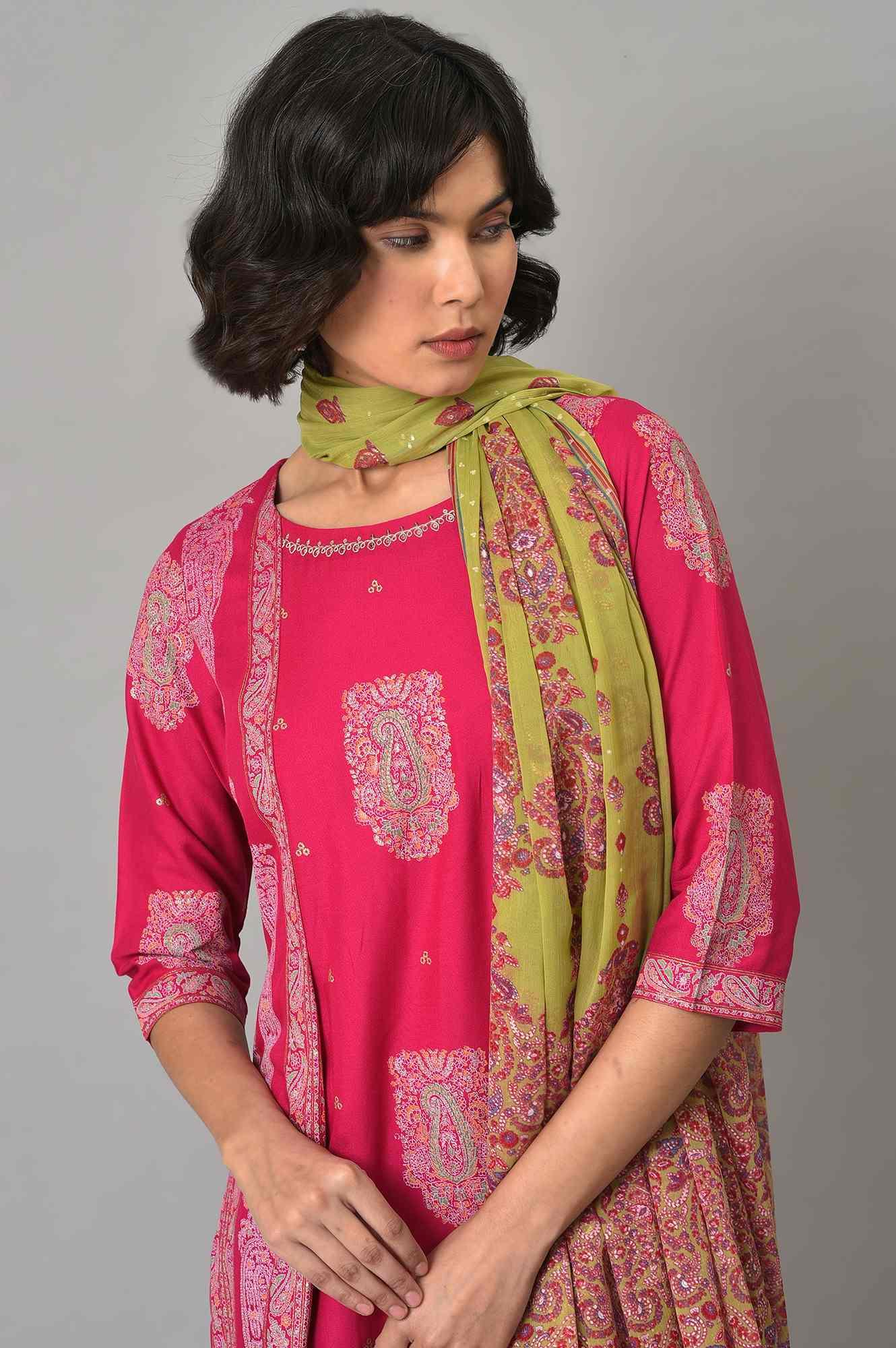 Pink Gold Glitter Printed kurta With Tights And Green Printed Dupatta - wforwoman