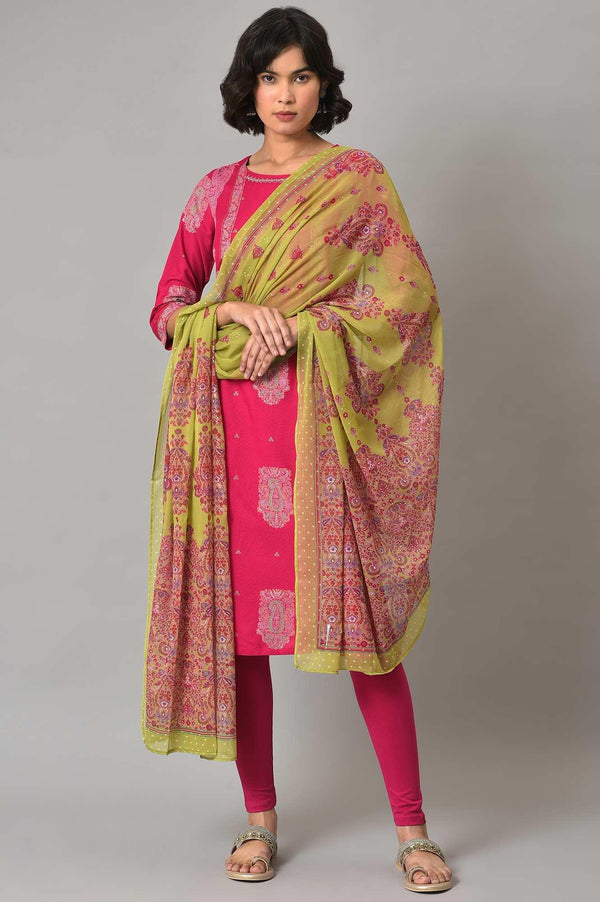 Pink Gold Glitter Printed kurta With Tights And Green Printed Dupatta