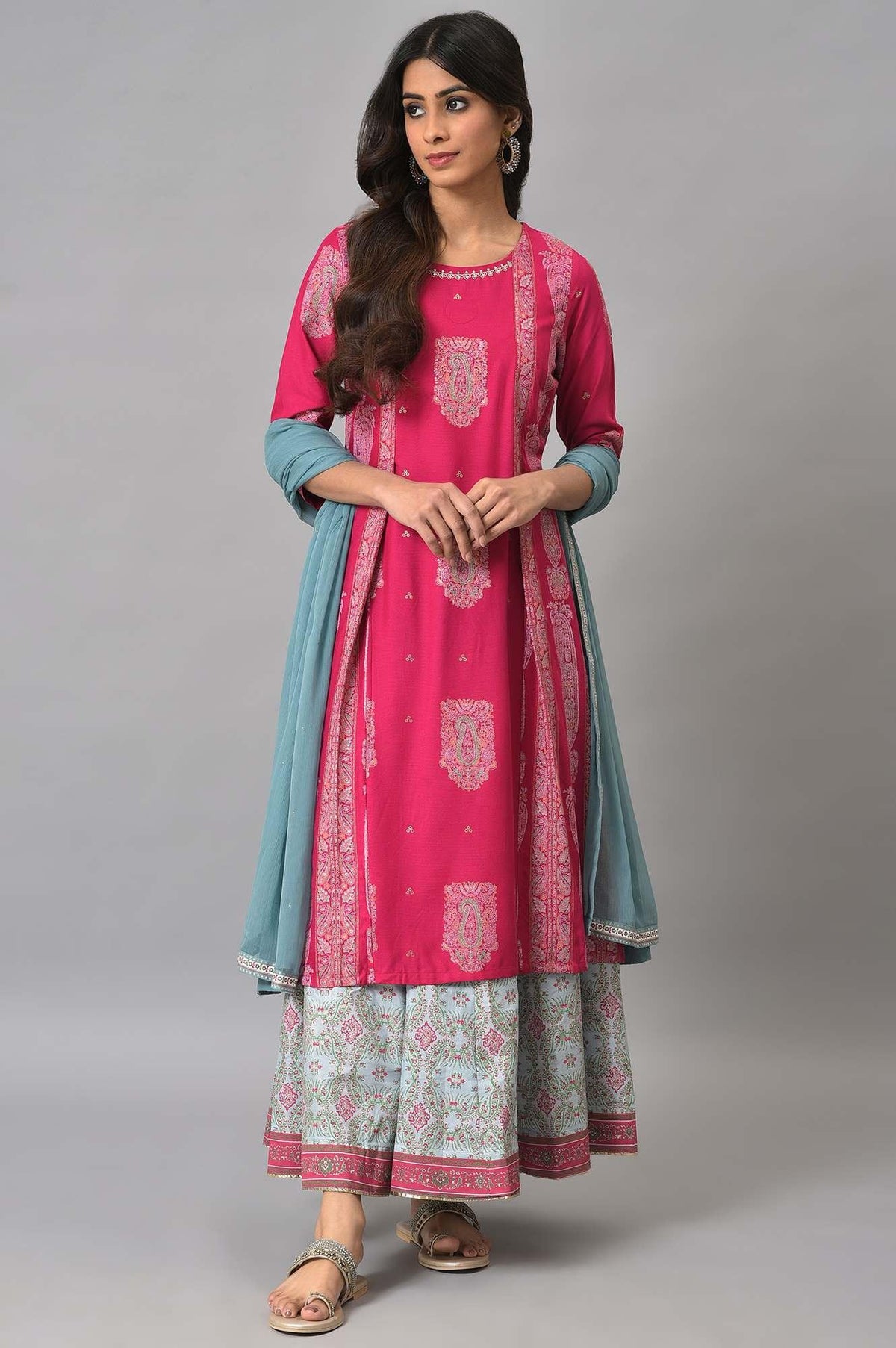 Dark Pink Mock Layered Beadwork kurta With Skirt And Chiffon Dupatta - XS