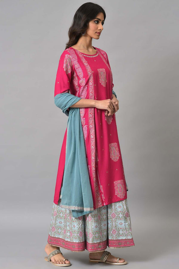 Dark Pink Mock Layered Beadwork kurta With Skirt And Chiffon Dupatta