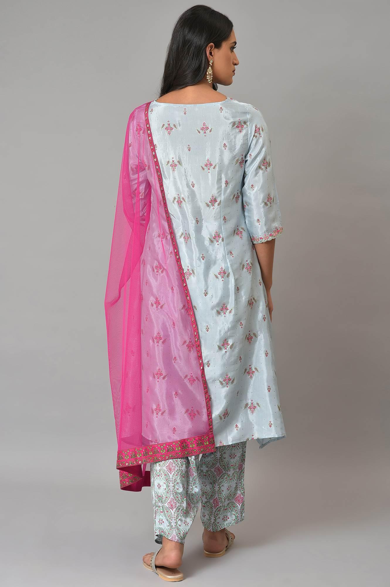 Light Blue Paisley Print High-Low kurta With Draped Pants And Pink Dupatta - wforwoman
