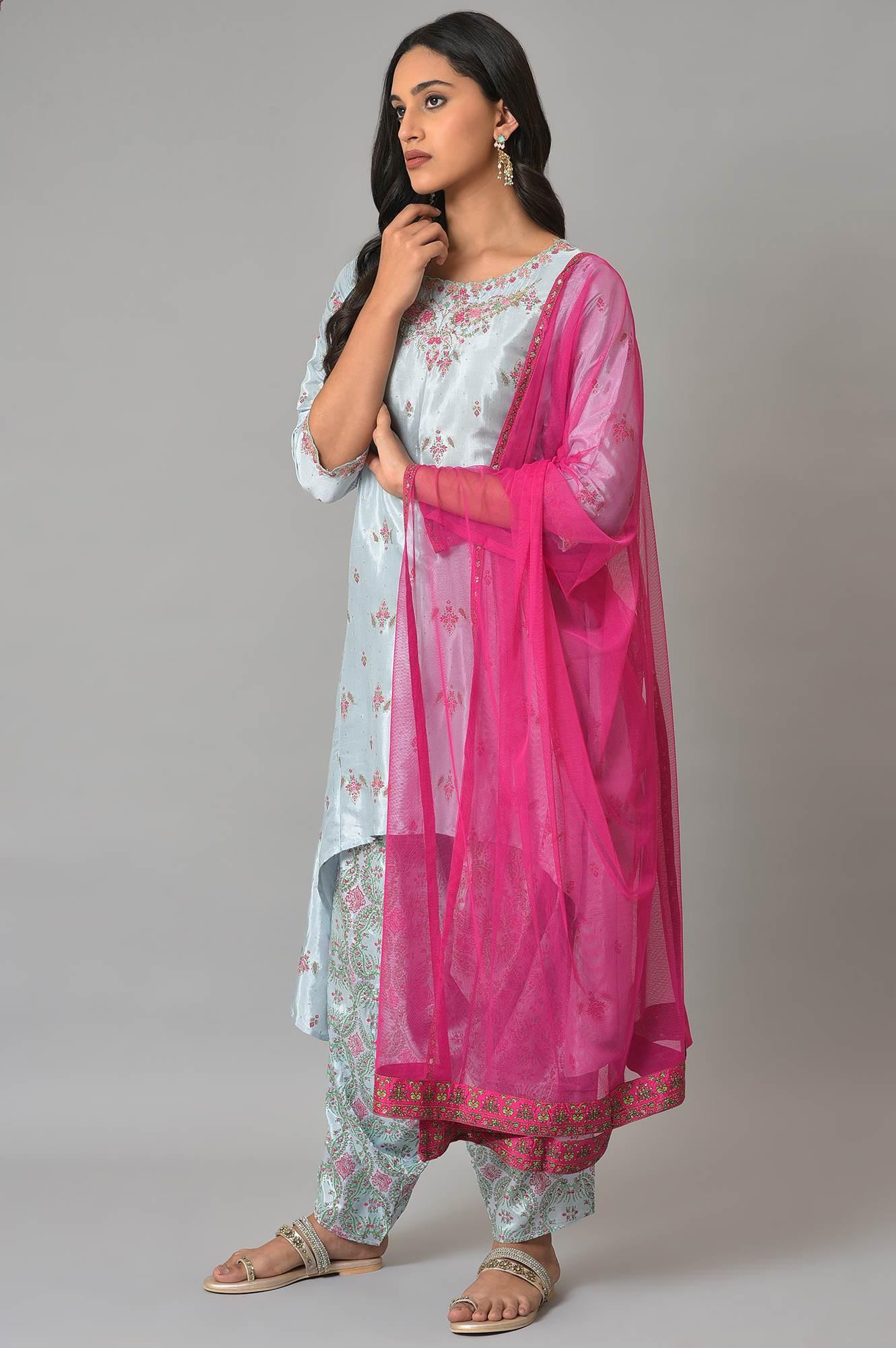 Light Blue Paisley Print High-Low kurta With Draped Pants And Pink Dupatta - wforwoman