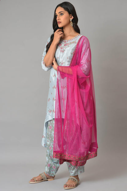 Light Blue Paisley Print High-Low kurta With Draped Pants And Pink Dupatta - wforwoman