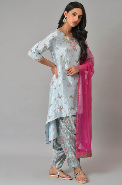 Light Blue Paisley Print High-Low kurta With Draped Pants And Pink Dupatta - wforwoman