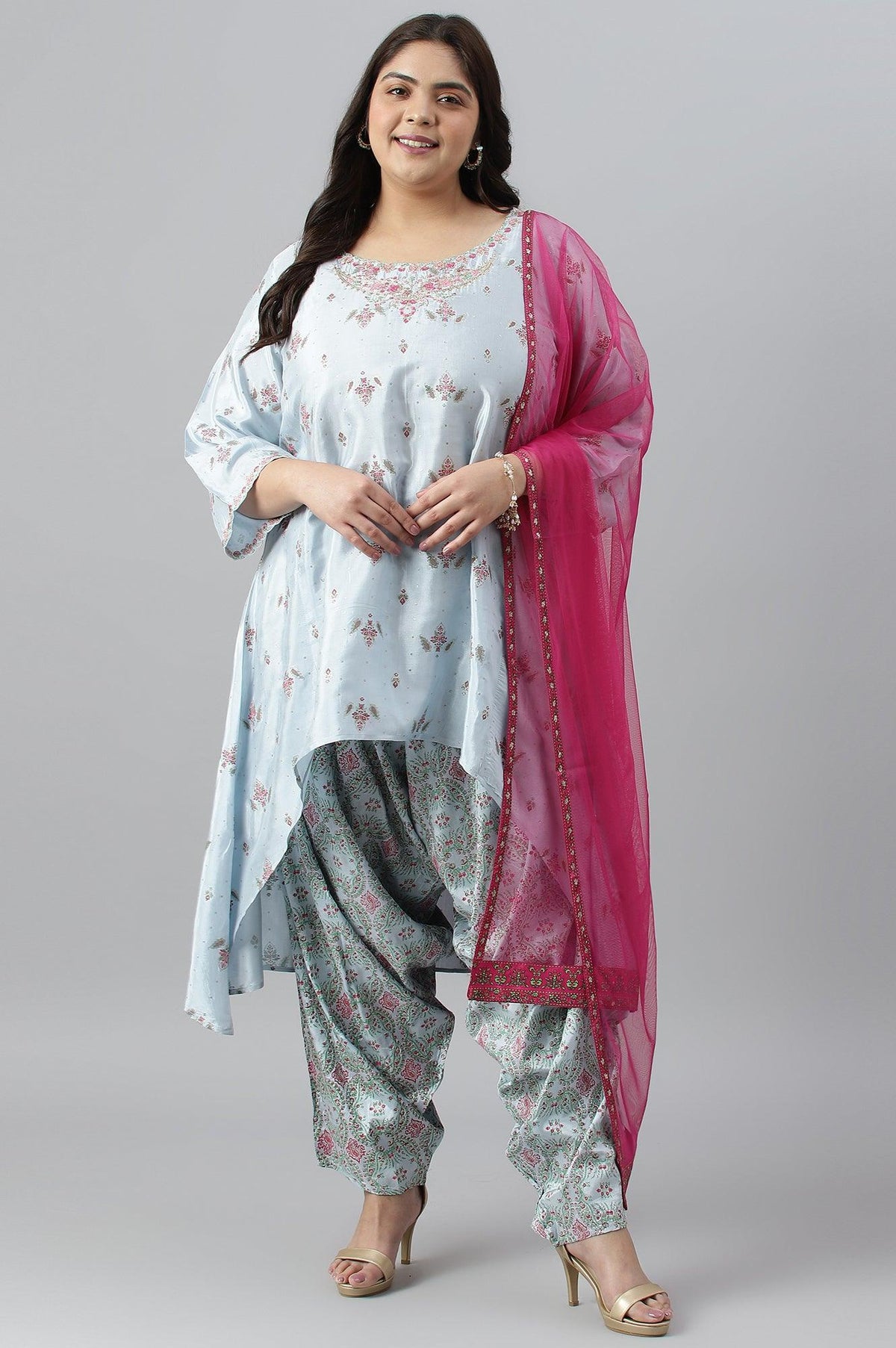 Plus Size Light Blue Paisley Print High-Low kurta With Draped Pants And Pink Dupatta - 20