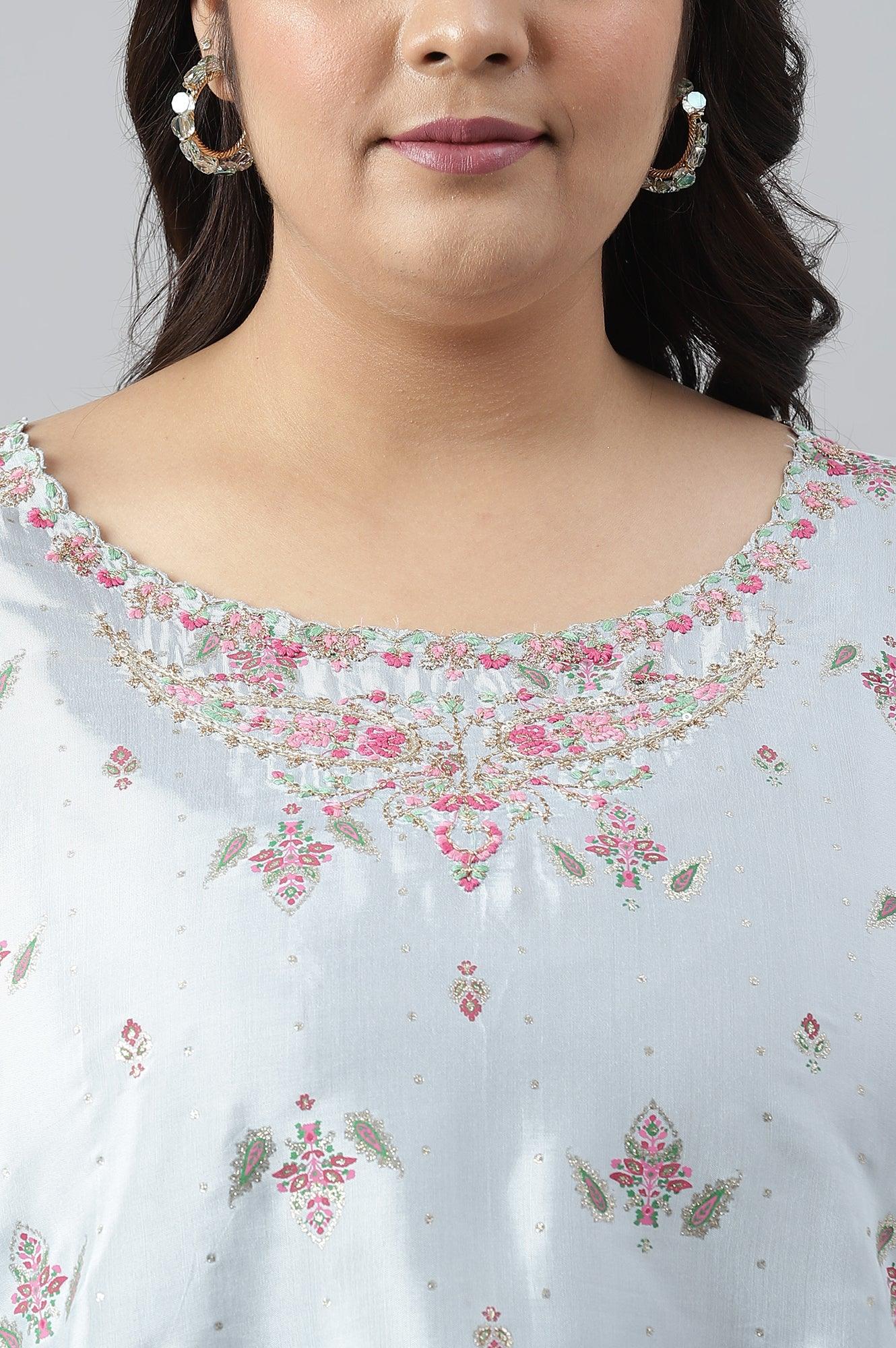 Plus Size Light Blue Paisley Print High-Low kurta With Draped Pants And Pink Dupatta - wforwoman