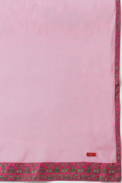 Plus Size Light Blue Paisley Print High-Low kurta With Draped Pants And Pink Dupatta - wforwoman