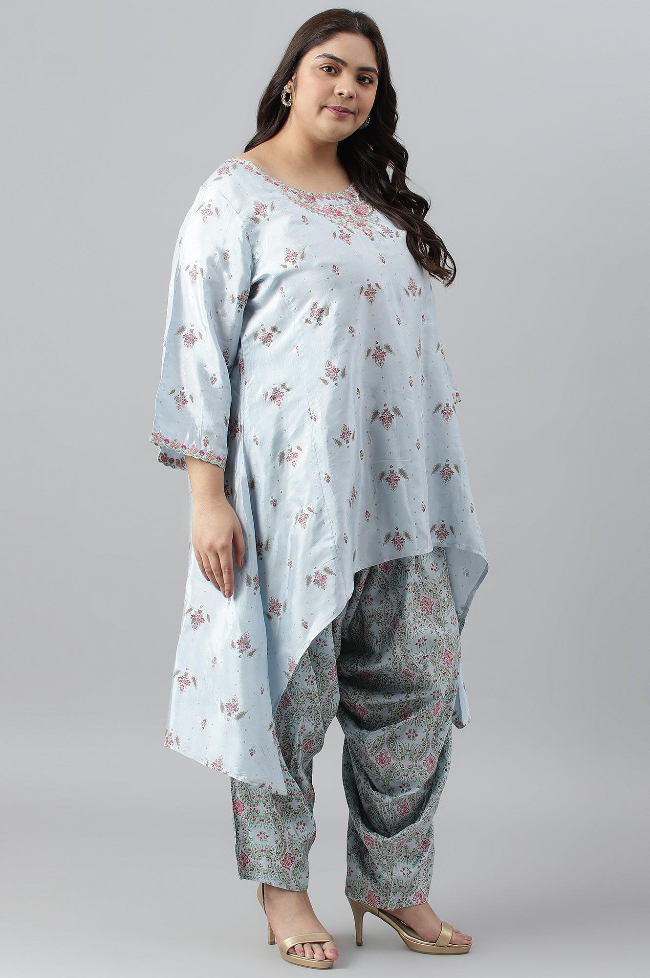 Plus Size Light Blue Paisley Print High-Low kurta With Draped Pants And Pink Dupatta - wforwoman