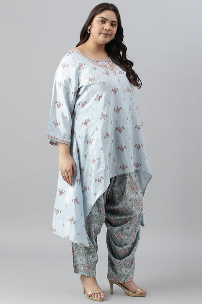 Plus Size Light Blue Paisley Print High-Low kurta With Draped Pants And Pink Dupatta - wforwoman
