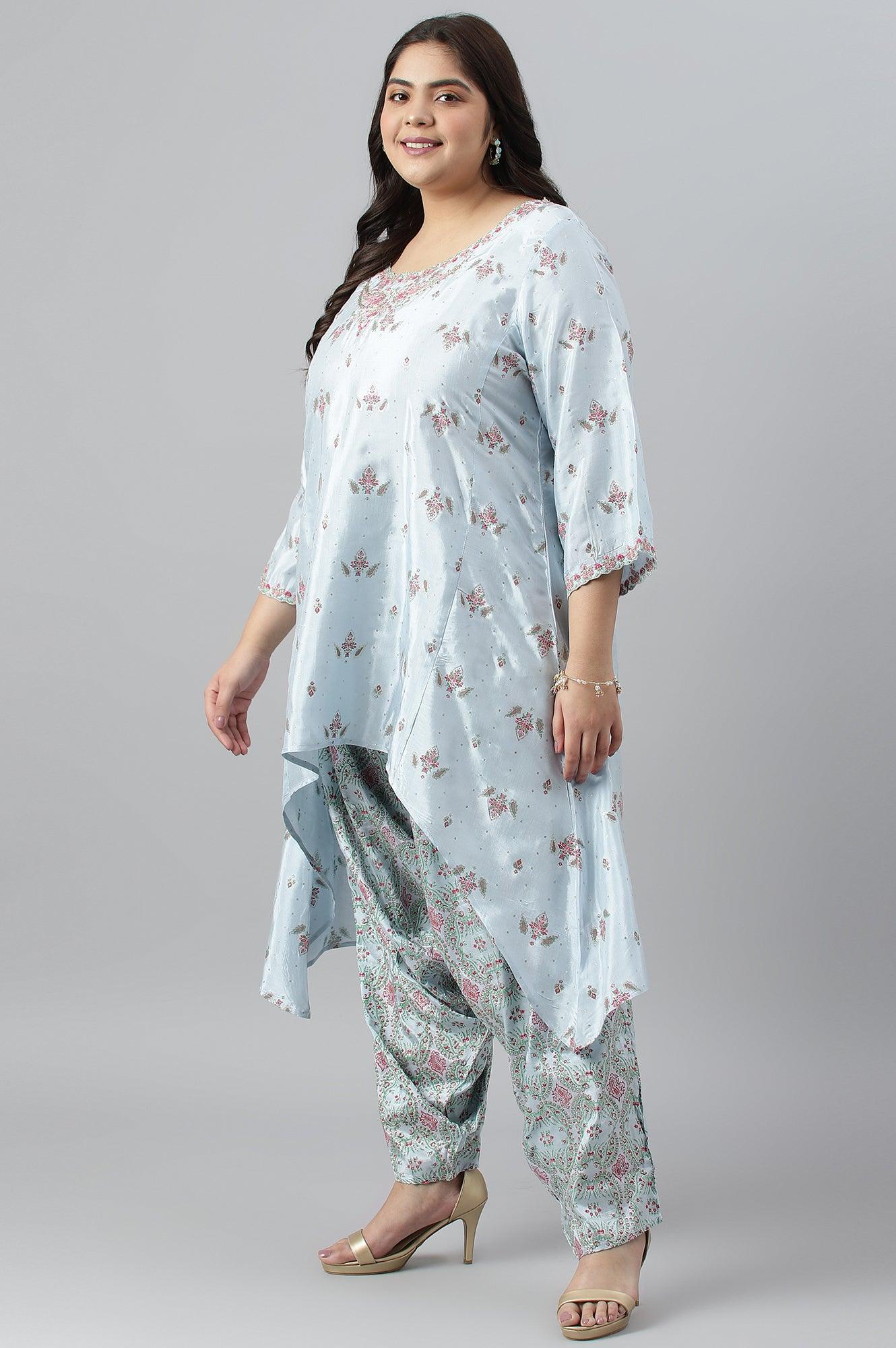 Plus Size Light Blue Paisley Print High-Low kurta With Draped Pants And Pink Dupatta - wforwoman
