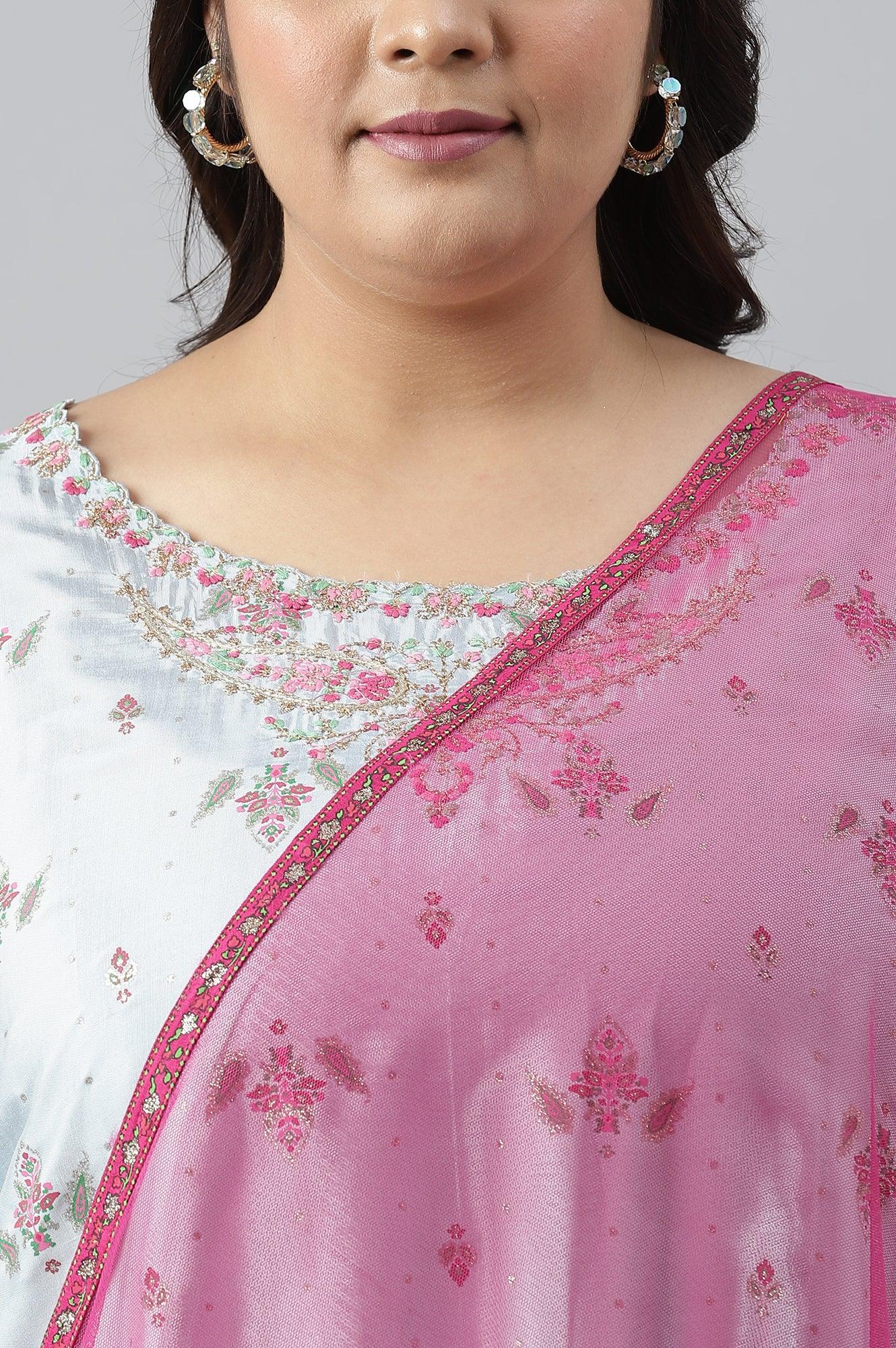 Plus Size Light Blue Paisley Print High-Low kurta With Draped Pants And Pink Dupatta - wforwoman
