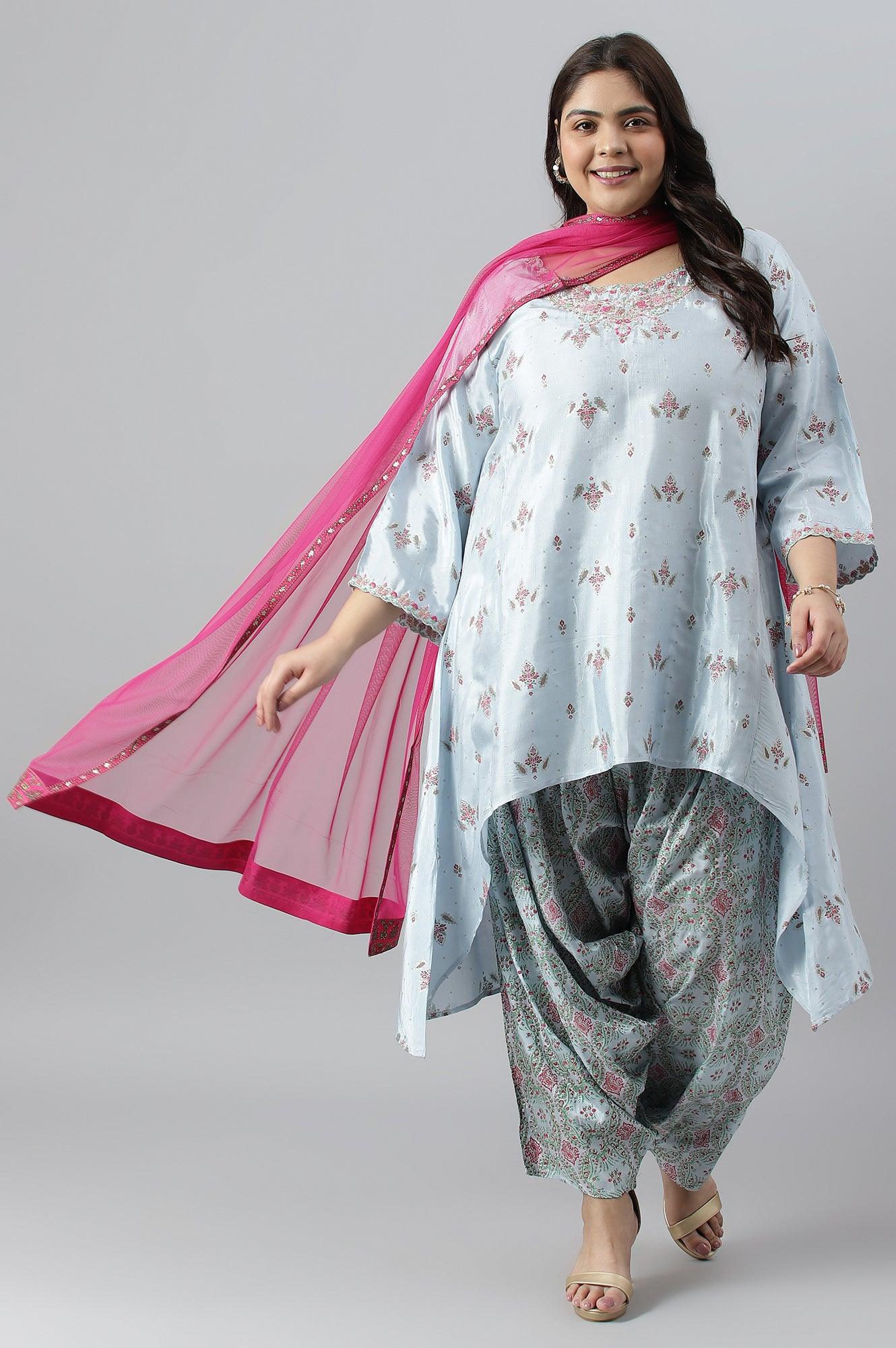 Plus Size Light Blue Paisley Print High-Low kurta With Draped Pants And Pink Dupatta - wforwoman