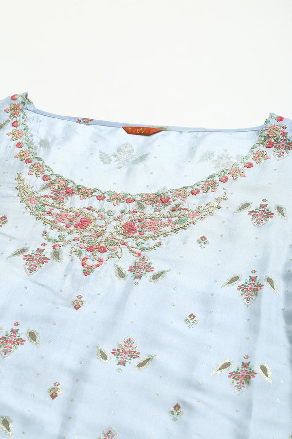 Plus Size Light Blue Paisley Print High-Low kurta With Draped Pants And Pink Dupatta