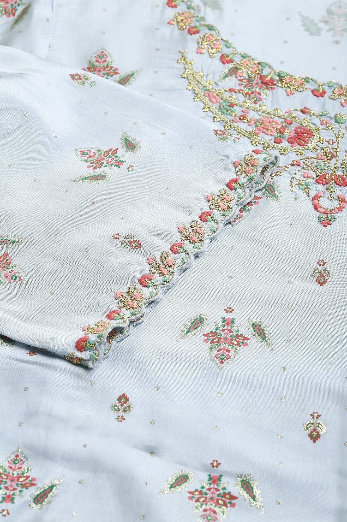 Plus Size Light Blue Paisley Print High-Low kurta With Draped Pants And Pink Dupatta - wforwoman