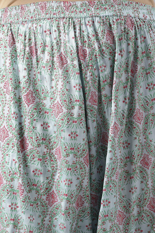 Plus Size Light Blue Paisley Print High-Low kurta With Draped Pants And Pink Dupatta