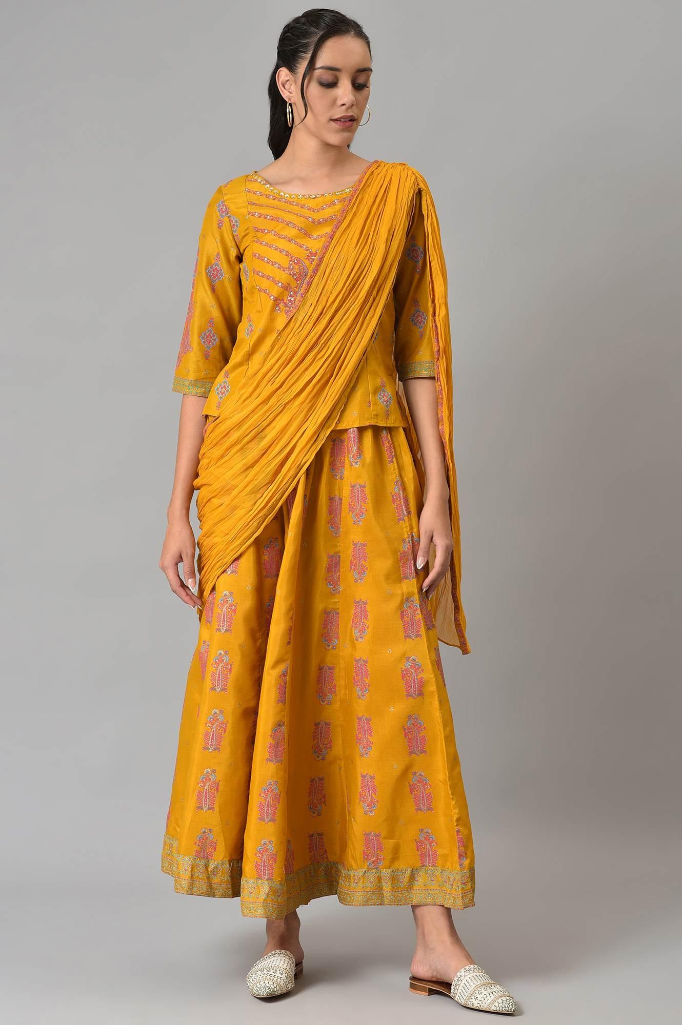 Mustard Festive A-Line Top With Culottes Having Attached Drape - wforwoman