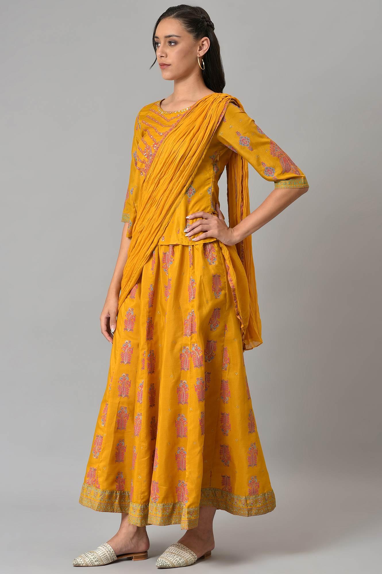 Mustard Festive A-Line Top With Culottes Having Attached Drape - wforwoman