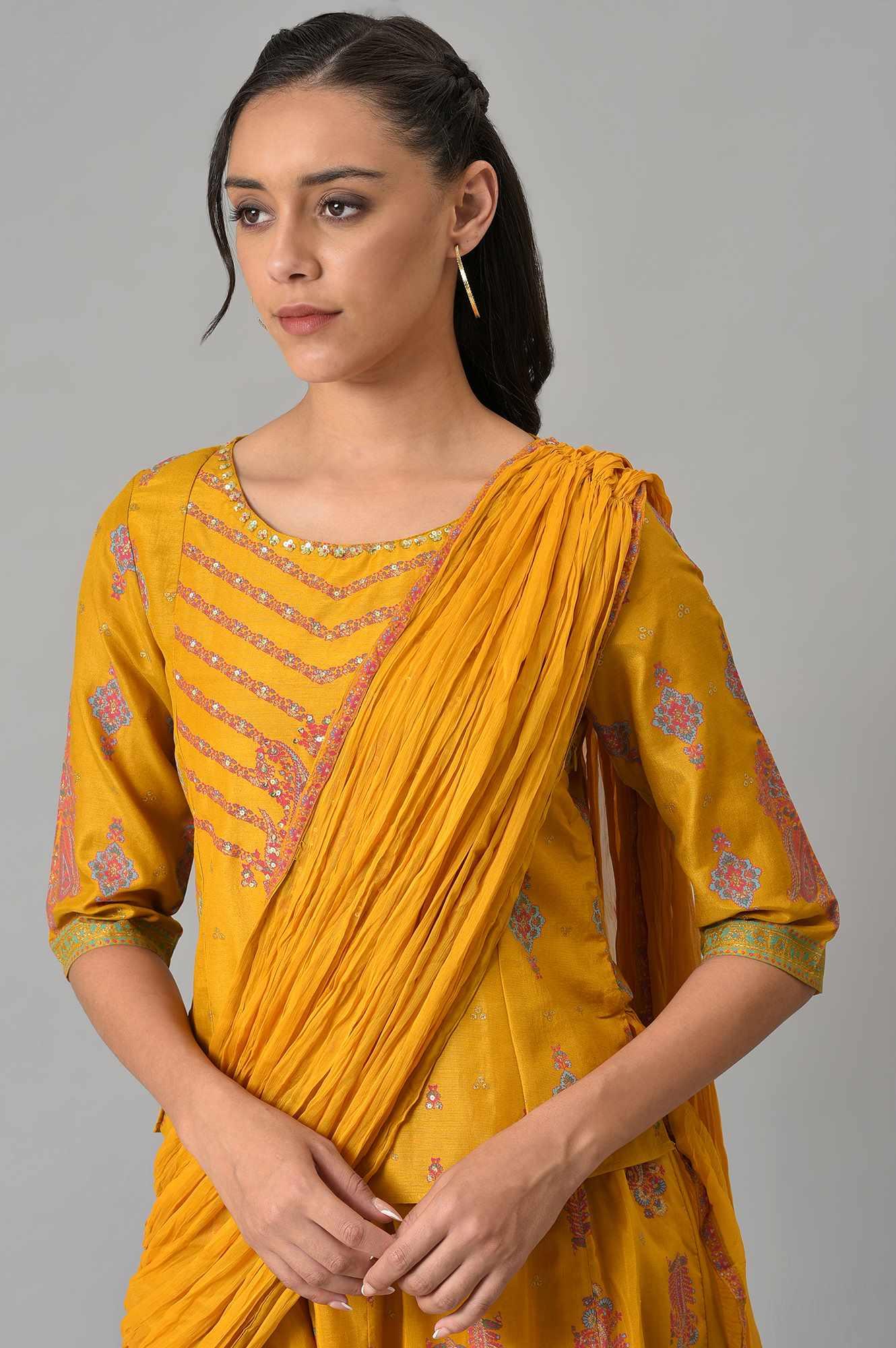Mustard Festive A-Line Top With Culottes Having Attached Drape - wforwoman