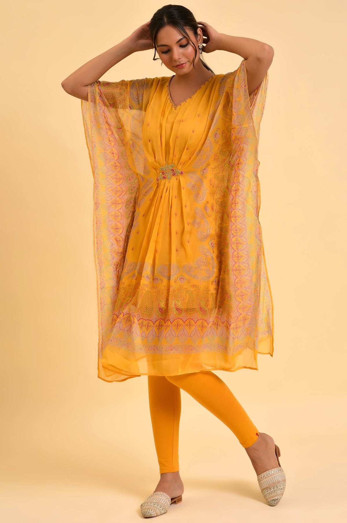 Light Mustard Printed Kaftan With Yellow Tights - 6