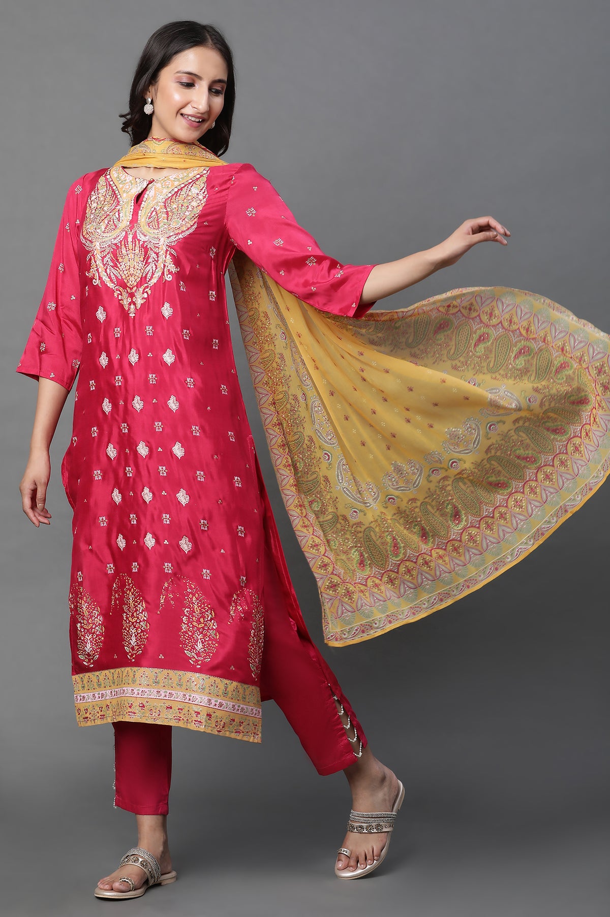 Dark Pink Placement Printed Kurta, Pants And Dupatta Set - 6
