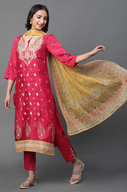 Dark Pink Placement Printed Kurta, Pants And Dupatta Set