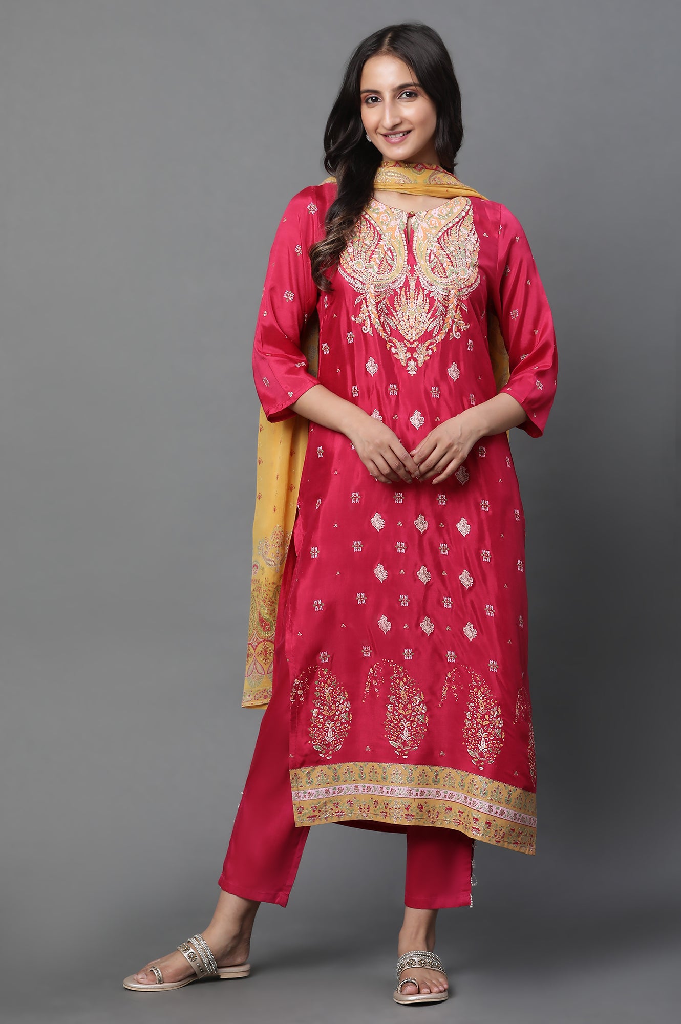 Dark Pink Placement Printed Kurta, Pants And Dupatta Set